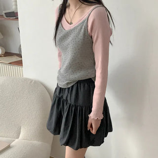 Ribbed V-neck cropped long-sleeve T-shirt