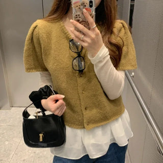 Fluffy Layered Short-Sleeve Cropped Knit Cardigan