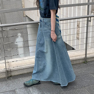 Flared maxi washed denim long skirt