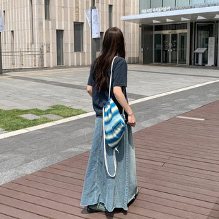 Flared maxi washed denim long skirt