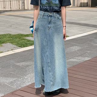 Flared maxi washed denim long skirt