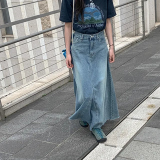 Flared maxi washed denim long skirt