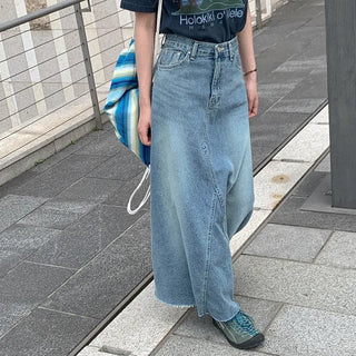 Flared maxi washed denim long skirt