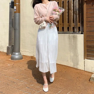 Pink round-neck loose-fitting short long-sleeve knit cardigan