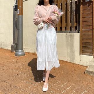 Pink round-neck loose-fitting short long-sleeve knit cardigan
