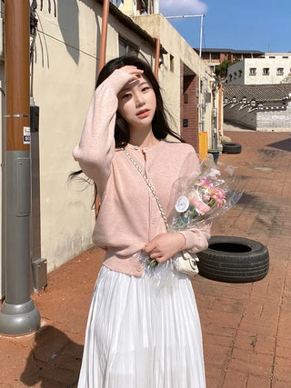 Pink round-neck loose-fitting short long-sleeve knit cardigan
