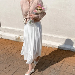 Pink round-neck loose-fitting short long-sleeve knit cardigan