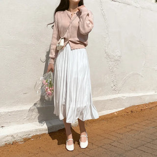 Pink round-neck loose-fitting short long-sleeve knit cardigan