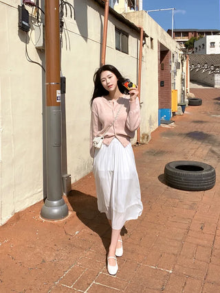 Pink round-neck loose-fitting short long-sleeve knit cardigan