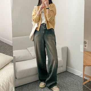 Long-sleeved, round-neck, loose-fitting short knit cardigan