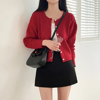 Long-sleeved, round-neck, loose-fitting short knit cardigan