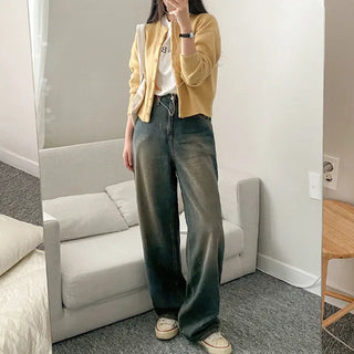Long-sleeved, round-neck, loose-fitting short knit cardigan