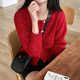 Long-sleeved, round-neck, loose-fitting short knit cardigan