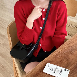Long-sleeved, round-neck, loose-fitting short knit cardigan