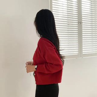 Long-sleeved, round-neck, loose-fitting short knit cardigan