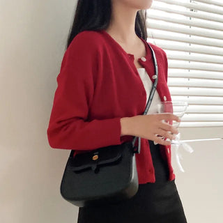 Long-sleeved, round-neck, loose-fitting short knit cardigan
