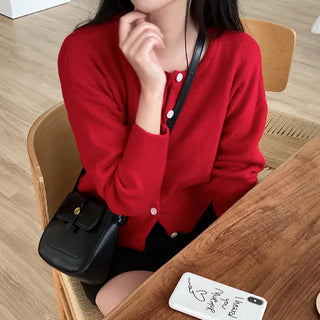 Long-sleeved, round-neck, loose-fitting short knit cardigan