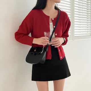 Long-sleeved, round-neck, loose-fitting short knit cardigan