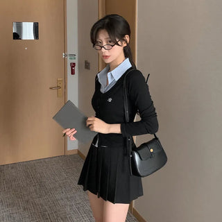 [One-piece] Striped Shirt Layered Knit