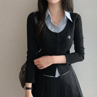 [One-piece] Striped Shirt Layered Knit