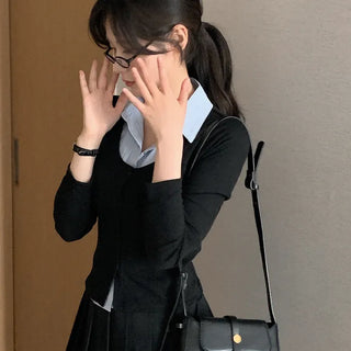 [One-piece] Striped Shirt Layered Knit