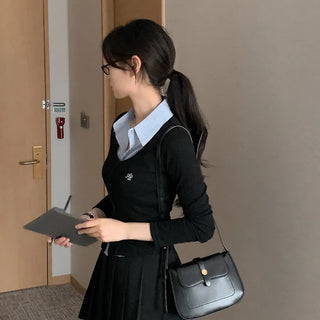 [One-piece] Striped Shirt Layered Knit