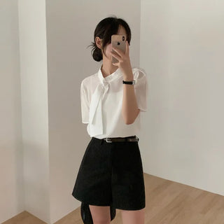 Guest Look Short-Sleeved Tie Ribbon Puff Sleeve White Blouse