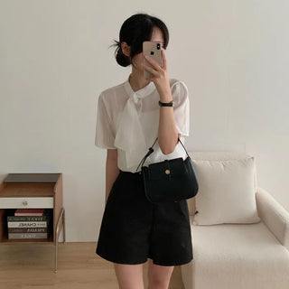 Guest Look Short-Sleeved Tie Ribbon Puff Sleeve White Blouse