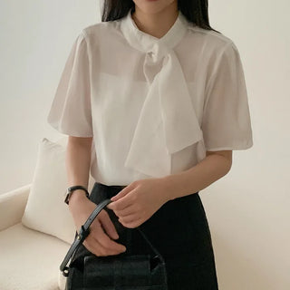 Guest Look Short-Sleeved Tie Ribbon Puff Sleeve White Blouse