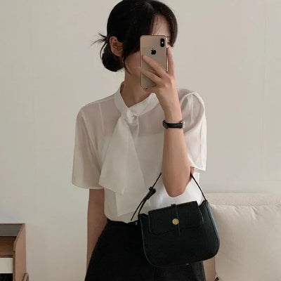 Guest Look Short-Sleeved Tie Ribbon Puff Sleeve White Blouse
