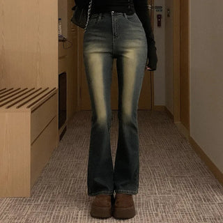 Semi-bootcut washed denim pants