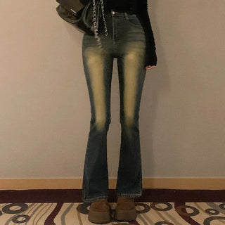Semi-bootcut washed denim pants
