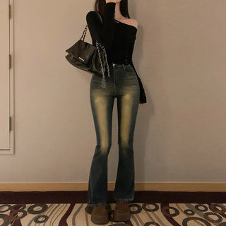Semi-bootcut washed denim pants