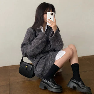 Oversized Twist Long V-Neck Knit