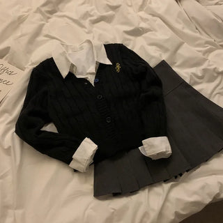 V-neck stitched knit cardigan