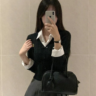 V-neck stitched knit cardigan