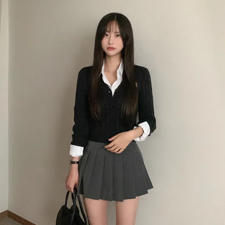 V-neck stitched knit cardigan