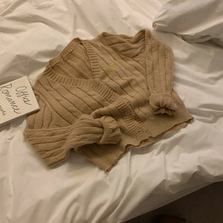 V-neck stitched knit cardigan