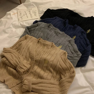 V-neck stitched knit cardigan