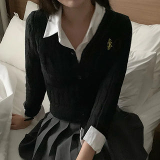 V-neck stitched knit cardigan