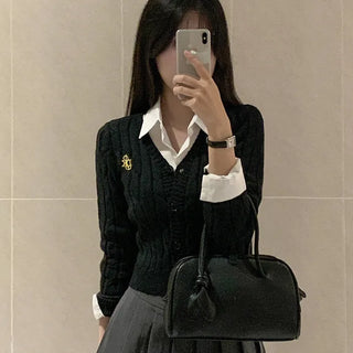 V-neck stitched knit cardigan