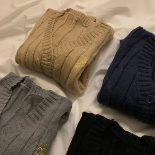 V-neck stitched knit cardigan