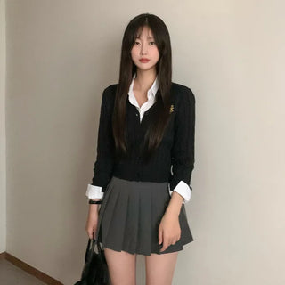 V-neck stitched knit cardigan