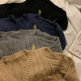 V-neck stitched knit cardigan