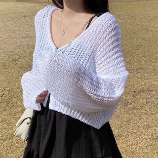 V-neck knit sheer boucle cropped cardigan