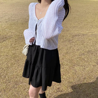 V-neck knit sheer boucle cropped cardigan