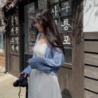 V-neck knit sheer boucle cropped cardigan