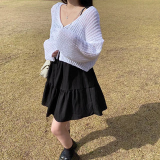 V-neck knit sheer boucle cropped cardigan