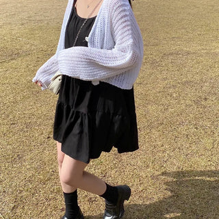 V-neck knit sheer boucle cropped cardigan
