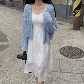 V-neck knit sheer boucle cropped cardigan